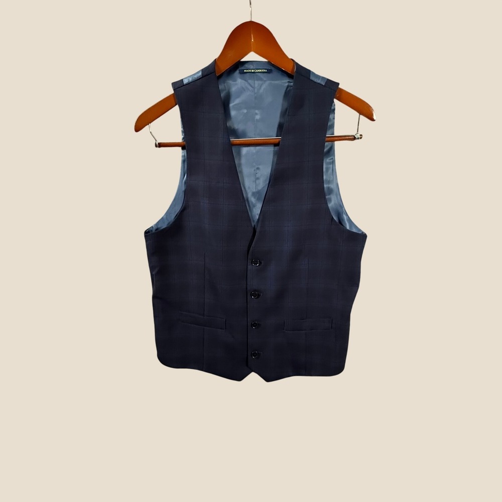 Charles Tyrwhitt Mens 38 Navy Blue Plaid 100% Wool Suit Vest Waistcoat Formal